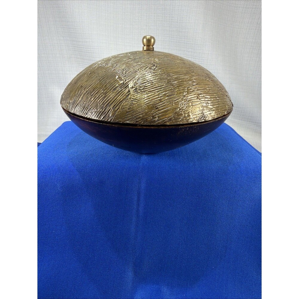 Vintage MCM Brutalist Brass Clad Wood Lidded Bowl Textured Trinket Box 5.5"